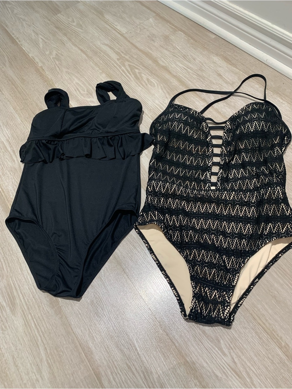 Woman Black One-Piece Swimsuit with Ruffle or Crochet Detail